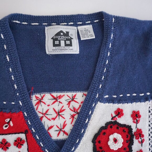 Vintage Storybook Knits Red White Blue Patchwork Embroidered Grandma Cardigan L - Picture 9 of 9